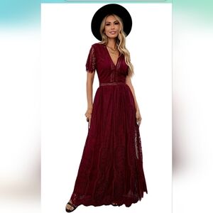 NWOT Women's Sezy V-neck Lace Short Sleeve Dress in Rich Wine Size XL